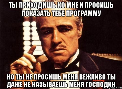 ты приходишь ко мне и просишь показать тебе программу но ты не просишь меня вежливо ты даже не называешь меня господин, Мем крестный отец