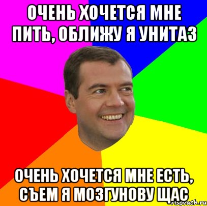 очень хочется мне пить, оближу я унитаз очень хочется мне есть, съем я мозгунову щас, Мем  Медведев advice