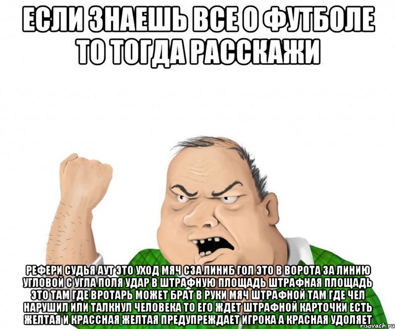 если знаешь все о футболе то тогда расскажи рефери судья аут это уход мяч сза линиб гол это в ворота за линию угловой с угла поля удар в штрафную площадь штрафная площадь это там где вротарь может брат в руки мяч штрафной там где чел нарушил или талкнул человека то его ждет штрафной карточки есть желтая и крассная желтая предупреждает игрока а красная удоляет, Мем мужик