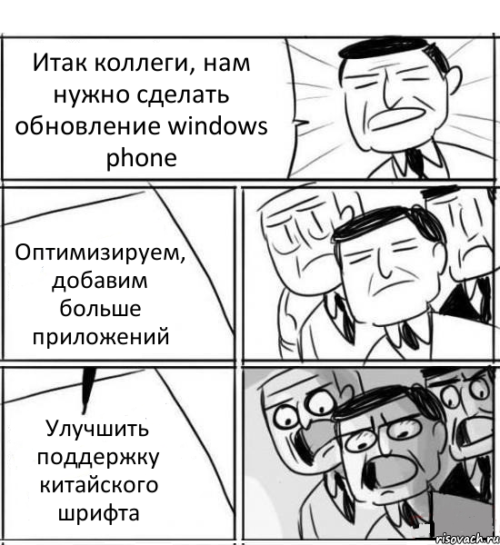 Итак коллеги, нам нужно сделать обновление windows phone Оптимизируем, добавим больше приложений Улучшить поддержку китайского шрифта, Комикс нам нужна новая идея