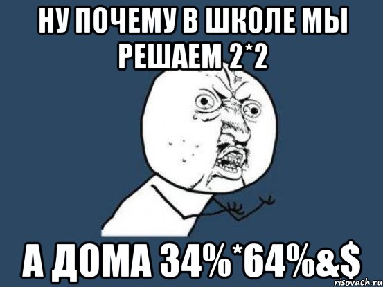 ну почему в школе мы решаем 2*2 а дома 34%*64%&$, Мем Ну почему