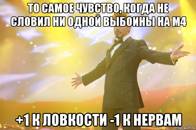 то самое чувство, когда не словил ни одной выбоины на м4 +1 к ловкости -1 к нервам, Мем Тони Старк (Роберт Дауни младший)