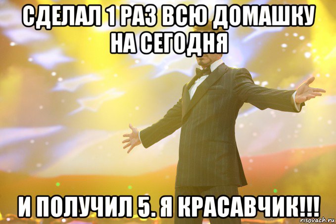 сделал 1 раз всю домашку на сегодня и получил 5. я красавчик!!!, Мем Тони Старк (Роберт Дауни младший)