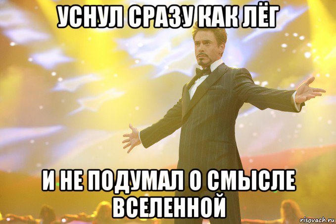 уснул сразу как лёг и не подумал о смысле вселенной, Мем Тони Старк (Роберт Дауни младший)