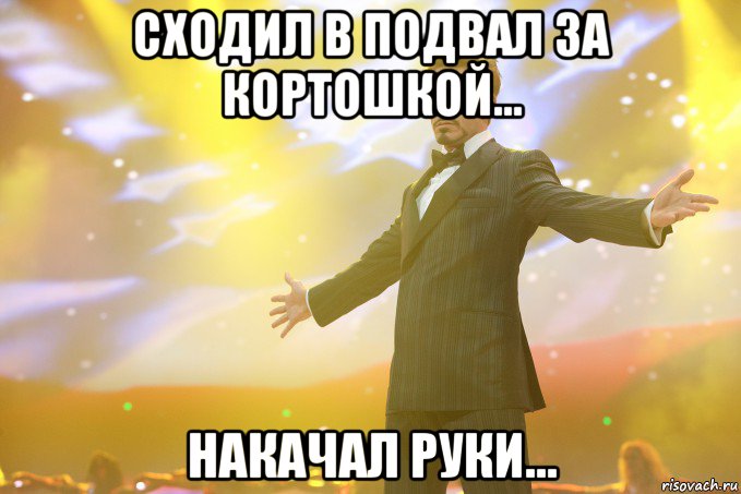 сходил в подвал за кортошкой... накачал руки..., Мем Тони Старк (Роберт Дауни младший)