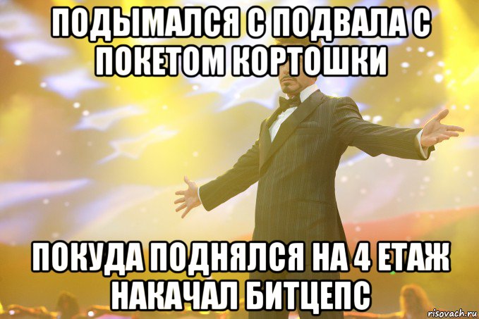 подымался с подвала с покетом кортошки покуда поднялся на 4 етаж накачал битцепс, Мем Тони Старк (Роберт Дауни младший)