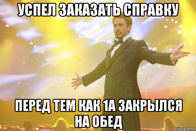 успел заказать справку перед тем как 1а закрылся на обед, Мем Тони Старк (Роберт Дауни младший)