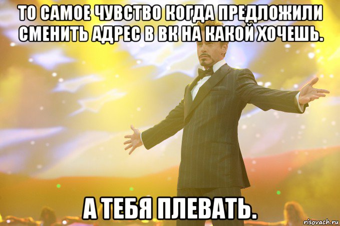 то самое чувство когда предложили сменить адрес в вк на какой хочешь. а тебя плевать., Мем Тони Старк (Роберт Дауни младший)