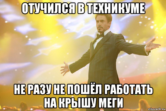 отучился в техникуме не разу не пошёл работать на крышу меги, Мем Тони Старк (Роберт Дауни младший)