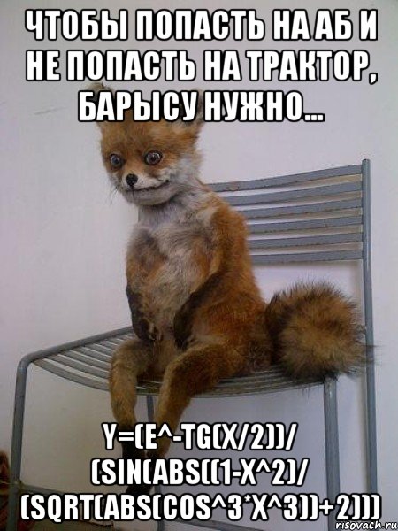 чтобы попасть на аб и не попасть на трактор, барысу нужно... y=(e^-tg(x/2))/ (sin(abs((1-x^2)/ (sqrt(abs(cos^3*x^3))+2))), Мем Упоротая лиса