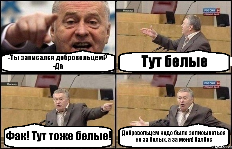 -Ты записался добровольцем? -Да Тут белые Фак! Тут тоже белые! Добровольцем надо было записываться не за белых, а за меня! балбес, Комикс Жириновский