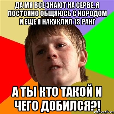 да мя все знают на серве, я постояно общяюсь с нородом и еще я накуклил 13 ранг а ты кто такой и чего добился?!, Мем Злой школьник