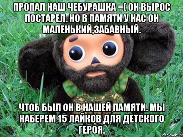 пропал наш чебурашка =( он вырос постарел. но в памяти у нас он маленький,забавный. чтоб был он в нашей памяти. мы наберем 15 лайков для детского героя.