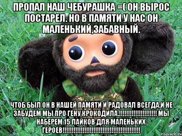 пропал наш чебурашка =( он вырос постарел. но в памяти у нас он маленький,забавный. чтоб был он в нашей памяти и радовал всегда.и не забудем мы про гену крокодила.!!! мы наберем 15 лайков для маленьких героев!!!