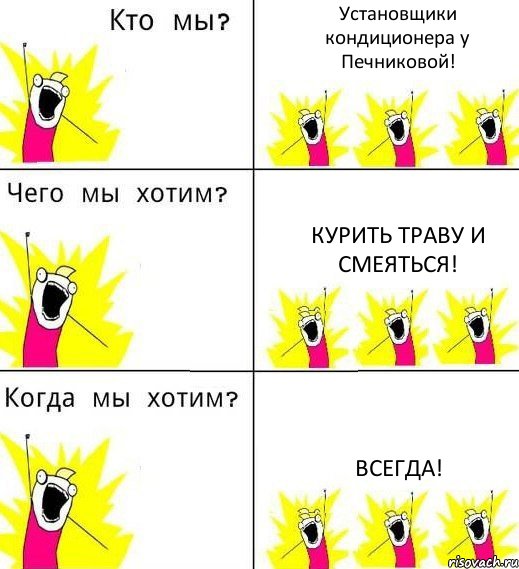 Установщики кондиционера у Печниковой! Курить траву и смеяться! Всегда!, Комикс Что мы хотим