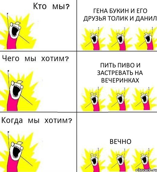 ГЕНА БУКИН И ЕГО ДРУЗЬЯ ТОЛИК И ДАНИЛ ПИТЬ ПИВО И ЗАСТРЕВАТЬ НА ВЕЧЕРИНКАХ ВЕЧНО, Комикс Что мы хотим