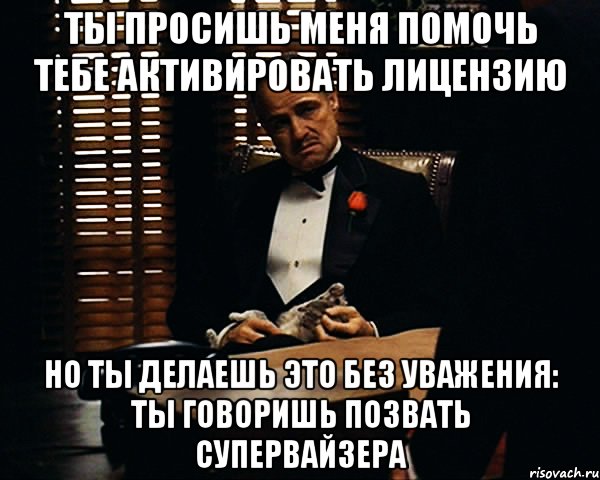 ты просишь меня помочь тебе активировать лицензию но ты делаешь это без уважения: ты говоришь позвать супервайзера, Мем Дон Вито Корлеоне