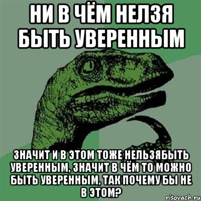 ни в чём нелзя быть уверенным значит и в этом тоже нельзябыть уверенным, значит в чём то можно быть уверенным, так почему бы не в этом?, Мем Филосораптор