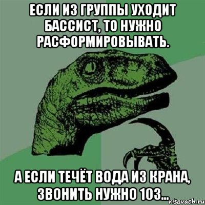 если из группы уходит бассист, то нужно расформировывать. а если течёт вода из крана, звонить нужно 103..., Мем Филосораптор