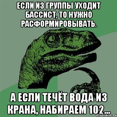 если из группы уходит бассист, то нужно расформировывать. а если течёт вода из крана, набираем 102..., Мем Филосораптор