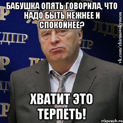 бабушка опять говорила, что надо быть нежнее и спокойнее? хватит это терпеть!, Мем Хватит это терпеть (Жириновский)