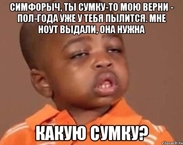 симфорыч, ты сумку-то мою верни - пол-года уже у тебя пылится. мне ноут выдали, она нужна какую сумку?, Мем  Какой пацан (негритенок)