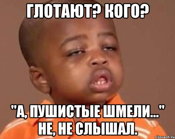 глотают? кого? "а, пушистые шмели..." не, не слышал., Мем  Какой пацан (негритенок)