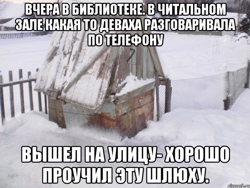 вчера в библиотеке. в читальном зале какая то деваха разговаривала по телефону вышел на улицу- хорошо проучил эту шлюху., Мем колорое