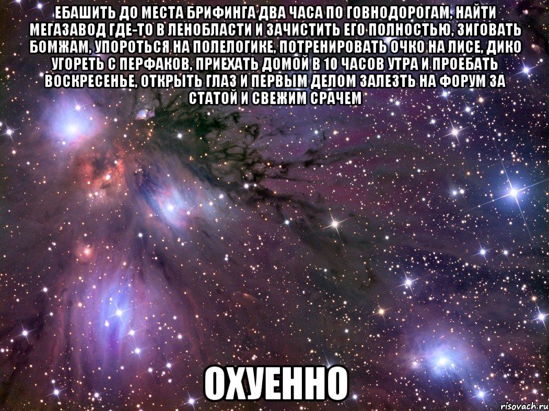 ебашить до места брифинга два часа по говнодорогам, найти мегазавод где-то в ленобласти и зачистить его полностью, зиговать бомжам, упороться на полелогике, потренировать очко на лисе, дико угореть с перфаков, приехать домой в 10 часов утра и проебать воскресенье, открыть глаз и первым делом залезть на форум за статой и свежим срачем охуенно, Мем Космос