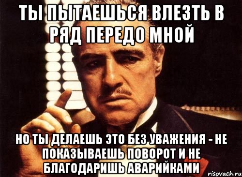 ты пытаешься влезть в ряд передо мной но ты делаешь это без уважения - не показываешь поворот и не благодаришь аварийками, Мем крестный отец