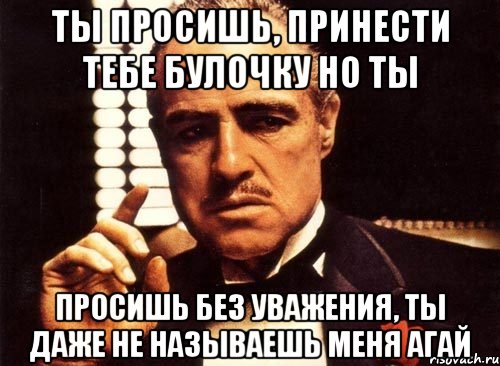 ты просишь, принести тебе булочку но ты просишь без уважения, ты даже не называешь меня агай, Мем крестный отец