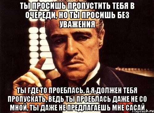 ты просишь пропустить тебя в очереди, но ты просишь без уважения ты где то проеблась, а я должен тебя пропускать, ведь ты проеблась даже не со мной, ты даже не предлагаешь мне сасай, Мем крестный отец