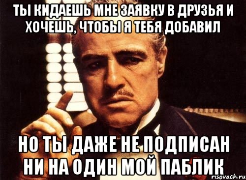 ты кидаешь мне заявку в друзья и хочешь, чтобы я тебя добавил но ты даже не подписан ни на один мой паблик, Мем крестный отец