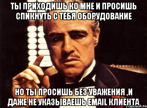 ты приходишь ко мне и просишь спикнуть с тебя оборудование но ты просишь без уважения ,и даже не указываешь email клиента, Мем крестный отец