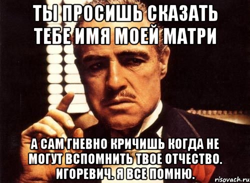 ты просишь сказать тебе имя моей матри а сам гневно кричишь когда не могут вспомнить твое отчество. игоревич. я все помню., Мем крестный отец