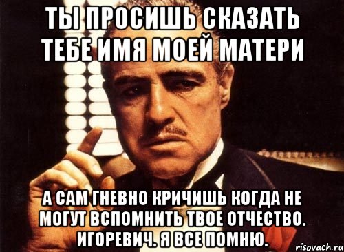 ты просишь сказать тебе имя моей матери а сам гневно кричишь когда не могут вспомнить твое отчество. игоревич. я все помню., Мем крестный отец