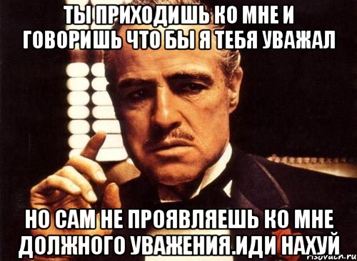 ты приходишь ко мне и говоришь что бы я тебя уважал но сам не проявляешь ко мне должного уважения.иди нахуй, Мем крестный отец