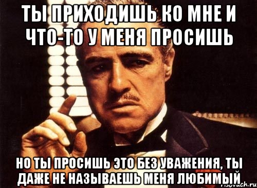 ты приходишь ко мне и что-то у меня просишь но ты просишь это без уважения, ты даже не называешь меня любимый, Мем крестный отец