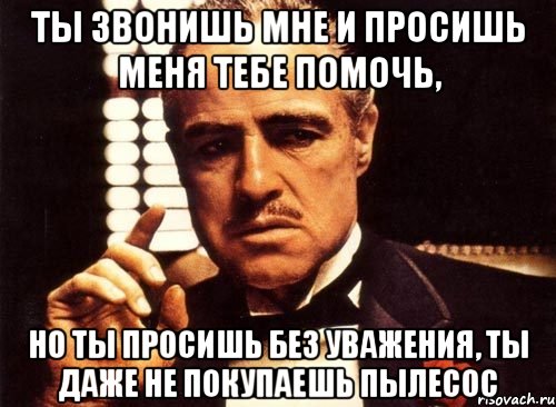 ты звонишь мне и просишь меня тебе помочь, но ты просишь без уважения, ты даже не покупаешь пылесос, Мем крестный отец