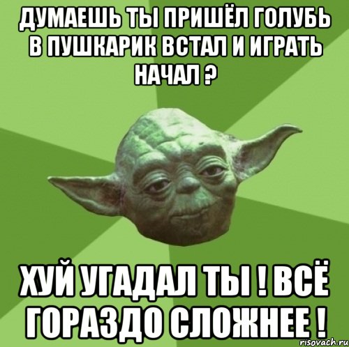 думаешь ты пришёл голубь в пушкарик встал и играть начал ? хуй угадал ты ! всё гораздо сложнее !, Мем Мастер Йода