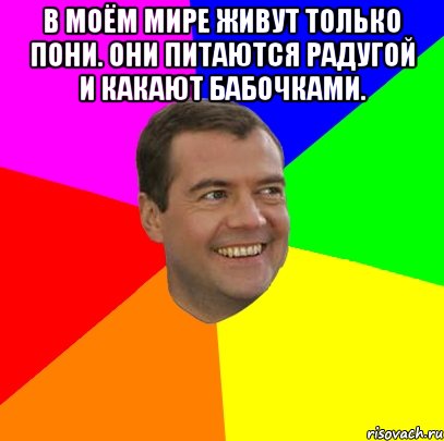 в моём мире живут только пони. они питаются радугой и какают бабочками. , Мем  Медведев advice