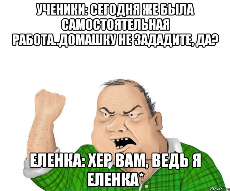 ученики: сегодня же была самостоятельная работа..домашку не зададите, да? еленка: хер вам, ведь я еленка*, Мем мужик