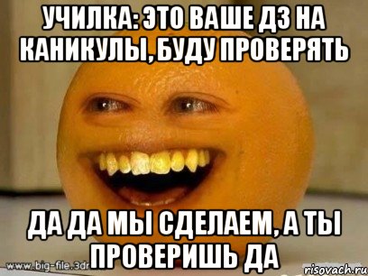 училка: это ваше дз на каникулы, буду проверять да да мы сделаем, а ты проверишь да, Мем Надоедливый апельсин