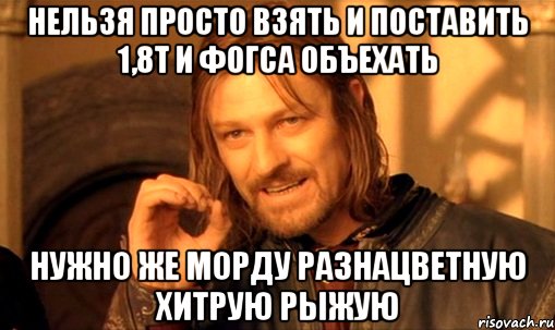 нельзя просто взять и поставить 1,8т и фогса объехать нужно же морду разнацветную хитрую рыжую, Мем Нельзя просто так взять и (Боромир мем)