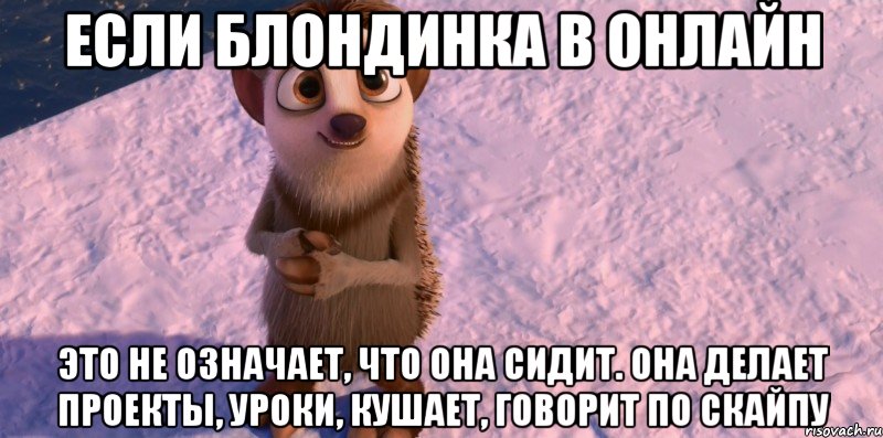 если блондинка в онлайн это не означает, что она сидит. она делает проекты, уроки, кушает, говорит по скайпу, Мем Неужели