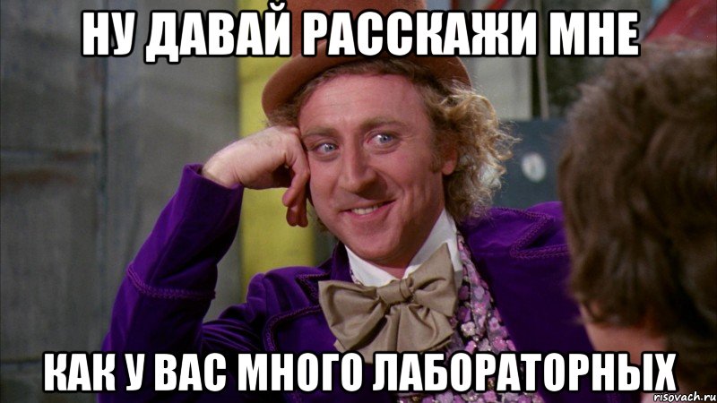 ну давай расскажи мне как у вас много лабораторных, Мем Ну давай расскажи (Вилли Вонка)