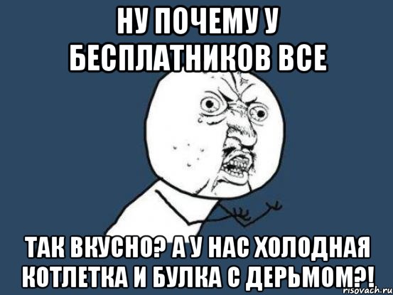 ну почему у бесплатников все так вкусно? а у нас холодная котлетка и булка с дерьмом?!, Мем Ну почему