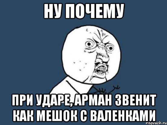 ну почему при ударе, арман звенит как мешок с валенками, Мем Ну почему