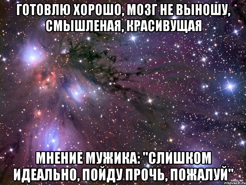 готовлю хорошо, мозг не выношу, смышленая, красивущая мнение мужика: "слишком идеально, пойду прочь, пожалуй", Мем Космос