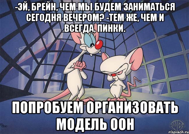 -эй, брейн, чем мы будем заниматься сегодня вечером? -тем же, чем и всегда, пинки. попробуем организовать модель оон, Мем ПИНКИ И БРЕЙН